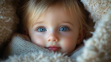 Happy baby smiling against a warm, golden bokeh background, creating a soft and joyful atmosphere. photo