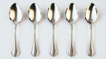 A neatly arranged set of five polished silver spoons, reflecting light on a white surface, showcasing elegant craftsmanship and symmetry. photo
