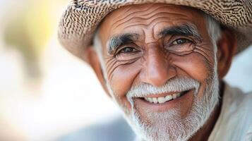 Portrait of a joyful elderly Middle Eastern man wearing a hat and smiling, set against a bright white background with radiant lighting. photo