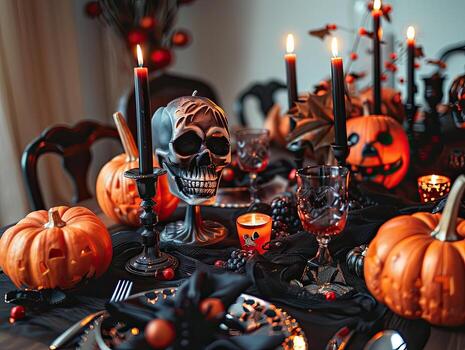 Elegant Halloween table setup featuring black candles, skull decorations, carved pumpkins, and dim candlelight, creating a spooky festive atmosphere. photo