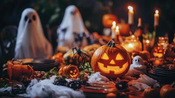 Halloween party table decorated with glowing Jack-O'-Lanterns, ghost figures, and spooky food dishes, creating a haunted and eerie atmosphere. photo