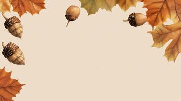 Autumn leaves and acorns on beige background photo