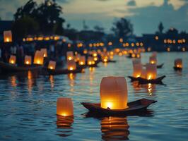 Glowing lanterns float on water during a night festival, with a golden Buddha statue in the background, creating a serene and spiritual ambiance. photo