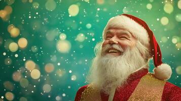 Babbo Natale with a big smile, dressed in a red suit with gold accents, standing against a vibrant green background filled with festive light bokeh. photo