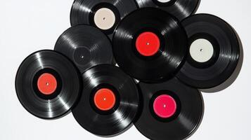 A group of vintage vinyl records arranged in a cluster, featuring various colored labels, representing classic analog music formats. photo