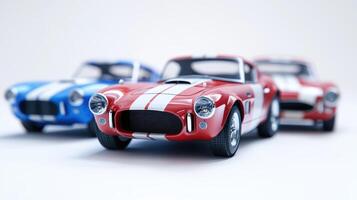 Close-up of vibrant red and blue vintage sports car models with white racing stripes, showcasing retro automobile design and details. photo