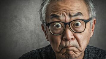 Portrait of an elderly Asian man wearing glasses with a deeply confused expression, set against a soft gray background with gentle lighting. photo