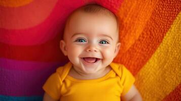 Joyful baby laughing against a vibrant, colorful bokeh background, capturing a playful and cheerful mood with bright lighting. photo
