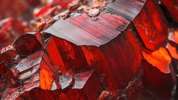 Close-up of cinnabar crystal revealing its intense red color and intricate geometric formations photo