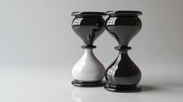 Two elegant, glossy hourglasses, one black and one white, placed side by side on a reflective surface, symbolizing the contrast of time and balance. photo