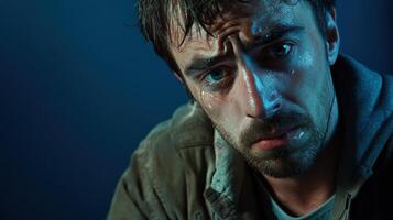 Close-up of a sad man with a furrowed brow and a tear rolling down his face, conveying deep emotion and sorrow against a dark background. photo