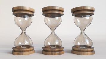 A set of three elegant hourglasses with wooden bases and clear glass chambers, displaying a classic and timeless design against a neutral background. photo