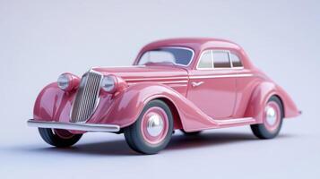 Close-up of a pink vintage car model featuring sleek chrome accents and a classic design, evoking retro automotive style. photo