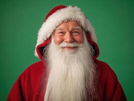 Pere Noel with a joyful smile and a long white beard, dressed in a red hooded cloak with white fur trim, standing against a vibrant green background. photo