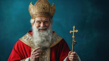 Good Saint Nicholas with a gentle smile, wearing a red bishop's robe with gold accents and holding a crozier, standing against a bright blue background. photo