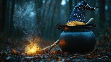 Witch Hat Floating Over Magical Cauldron in Forest photo