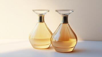 Two elegant glass perfume bottles with an amber hue, displayed in soft lighting for a luxurious and sophisticated presentation. photo