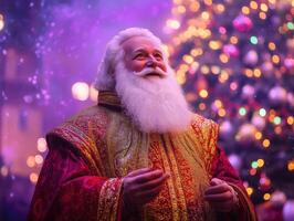 A joyful Saint Nicholas with a long white beard, dressed in a golden robe with red trim, standing in front of a brightly lit Christmas tree, set against a festive purple background. photo