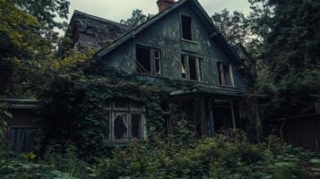 Creepy haunted house with broken windows and overgrown plants photo