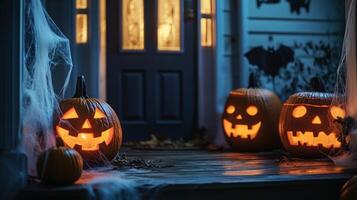 Halloween porch decorated with glowing Jack-O'-Lanterns, cobwebs, and spooky lighting, creating a haunting atmosphere perfect for trick-or-treat night. photo