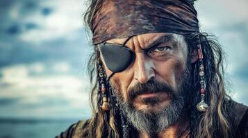 A rugged pirate with an eyepatch stands against a sea background, blending natural and mixed lighting for a dramatic, modern street style look. photo