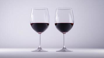 Two elegant wine glasses filled with red wine, standing against a clean white background, creating a refined, minimalist aesthetic. photo