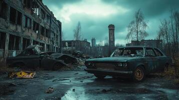 An abandoned car sits in the middle of an abandoned city photo