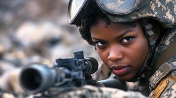 A determined female soldier wearing full combat gear and helmet, crouching in a dry outdoor environment, ready for action. photo