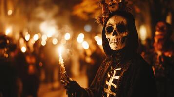 Crowd dressed in skeleton costumes during a nighttime Halloween parade, holding glowing lanterns and creating a spooky festive atmosphere. photo