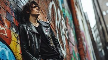 A rebellious young man in a black leather jacket leans against a colorful graffiti-covered brick wall, exuding a moody urban attitude. photo