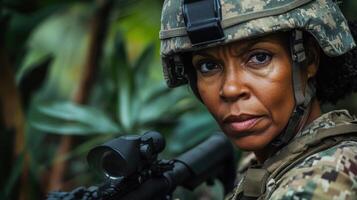 A determined female soldier in jungle combat gear, ready for action, standing alert amidst dense vegetation, showcasing focus and strength. photo