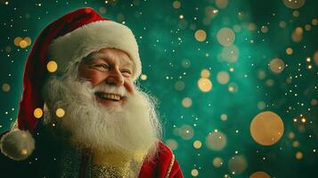 Babbo Natale with a big smile, dressed in a red suit with gold accents, standing against a vibrant green background filled with festive light bokeh. photo