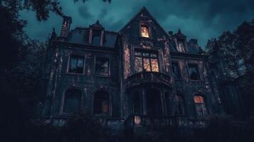 Haunted abandoned hotel with broken windows in a dark, eerie atmosphere. photo