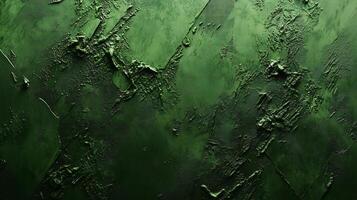 A close-up of a textured abstract painting with rough brush strokes in varying shades of green, creating a dynamic, layered effect. photo
