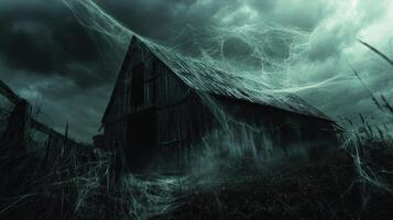 Abandoned Barn Covered in Spider Webs at Night photo