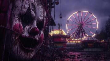 Creepy clown face at an abandoned carnival at night. photo