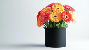 Freshly cut gerbera daisies in a chic black container, adding a splash of color to any interior. photo