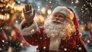 A cheerful Santa Claus waving, dressed in a classic red suit with white fur trim, standing in a festive, snow-covered street filled with warm holiday lights. photo