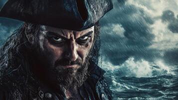 A rugged pirate captain gazes intently against a stormy ocean backdrop, embodying strength, leadership, and adventure on the high seas. photo