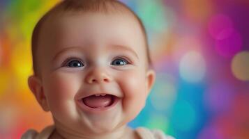 Joyful baby laughing against a vibrant, colorful bokeh background, capturing a playful and cheerful mood with bright lighting. photo