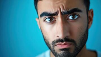 Close-up portrait of an angry man with a deeply furrowed brow and intense expression, glaring directly at the camera, set against a blue background. photo