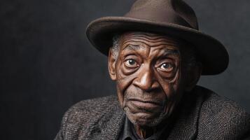 Portrait of an elderly African man with a wrinkled face, wearing a hat and coat, displaying exaggerated confusion against a gray background with subtle lighting. photo