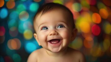 Joyful baby laughing against a vibrant, colorful bokeh background, capturing a playful and cheerful mood with bright lighting. photo