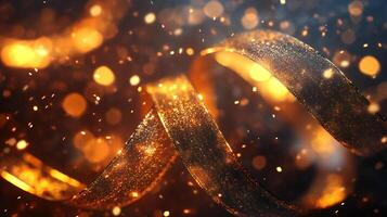 A sparkling gold and silver ribbon twists gracefully against a backdrop of warm bokeh lights, creating an elegant and festive holiday scene. photo
