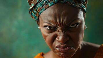 Close-up of an angry woman with a deeply furrowed brow and intense expression, wearing a colorful headscarf, set against a dark green background. photo