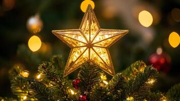 A bright, illuminated star tree topper shines atop a Christmas tree adorned with festive lights and ornaments, radiating holiday cheer. photo