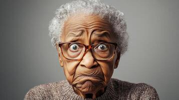 Portrait of an elderly African woman with a wrinkled face and glasses, showing exaggerated confusion against a gray background with soft lighting. photo