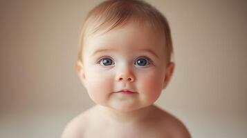 Happy baby smiling against a warm, golden bokeh background, creating a soft and joyful atmosphere. photo