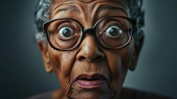 Portrait of an elderly African woman with a wrinkled face and glasses, showing exaggerated confusion against a gray background with soft lighting. photo