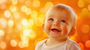 Happy baby smiling against a warm, golden bokeh background, creating a soft and joyful atmosphere. photo